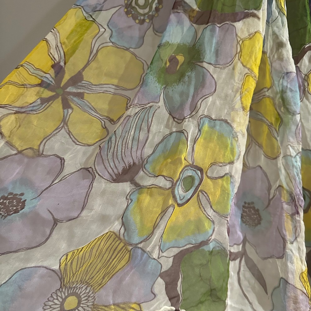 Redfish Designs Silk Scarf Womens OS Yellow Purple Floral Print Sheer Excellent